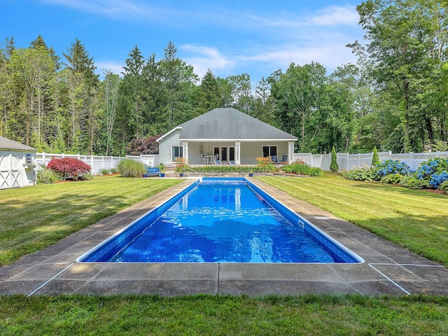 155 W Rd, East Haddam, CT 06420 - view of swimming pool featuring an outbuilding, a fenced backyard, and a patio