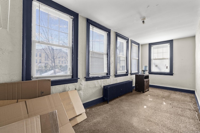 spare room featuring radiator heating unit and carpet flooring