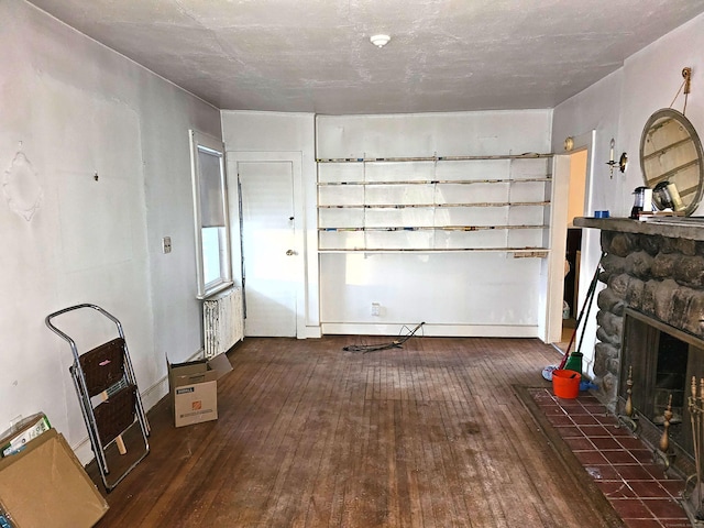 living room featuring dark wood-type flooring and a fireplace