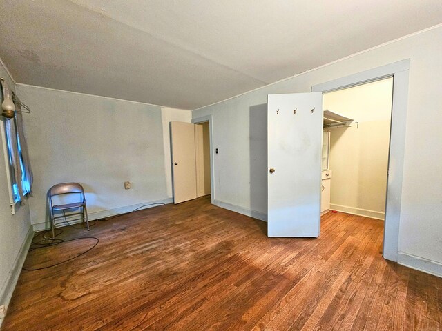 unfurnished bedroom with a spacious closet and hardwood / wood-style floors