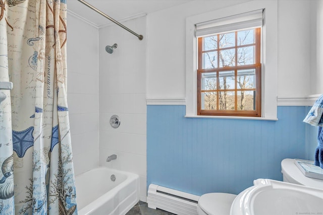 bathroom featuring toilet, a baseboard radiator, and shower / tub combo with curtain