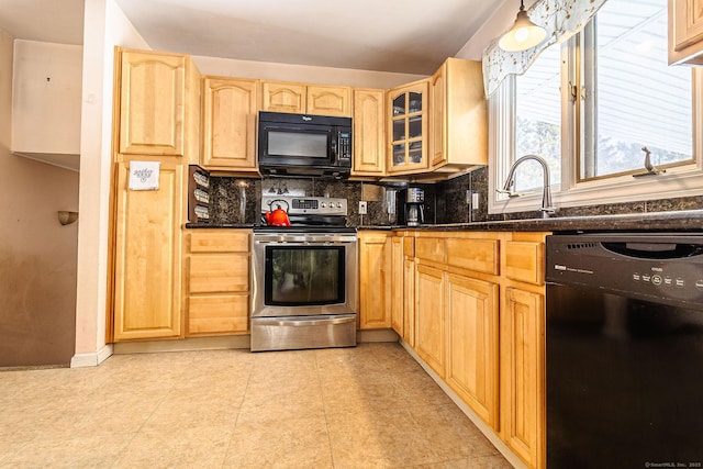 kitchen with sink, backsplash, light brown cabinetry, and black appliances