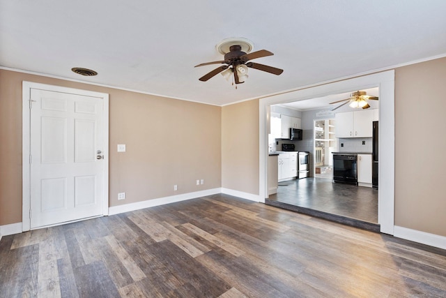 unfurnished living room with crown molding, hardwood / wood-style flooring, and ceiling fan