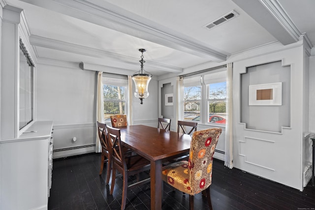 dining area with beamed ceiling, a baseboard radiator, dark hardwood / wood-style floors, and ornamental molding