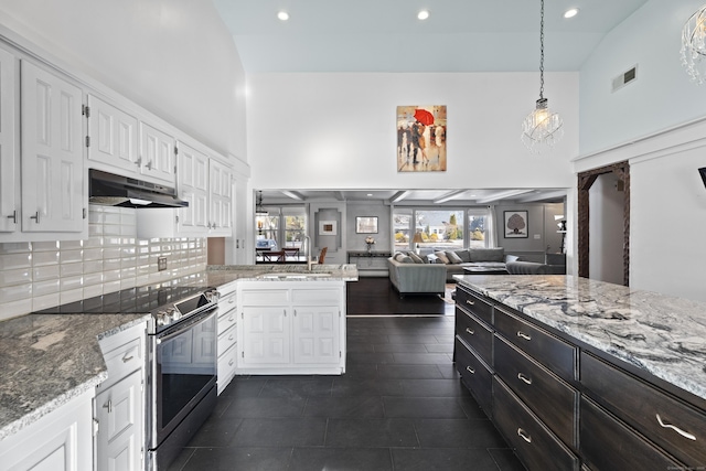 kitchen with sink, high vaulted ceiling, electric range, pendant lighting, and white cabinets