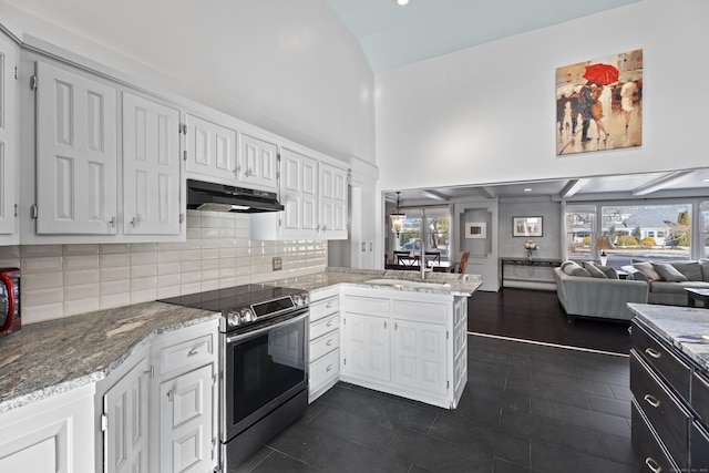 kitchen featuring sink, stainless steel electric range, white cabinetry, high vaulted ceiling, and kitchen peninsula