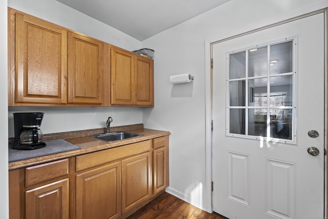 kitchen with sink and dark hardwood / wood-style flooring