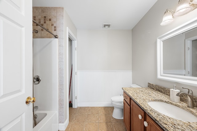 full bathroom with vanity, tile patterned floors, bathing tub / shower combination, and toilet