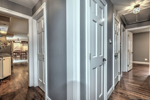 corridor with dark hardwood / wood-style flooring