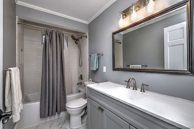 full bathroom featuring shower / bath combination with curtain, vanity, crown molding, and toilet