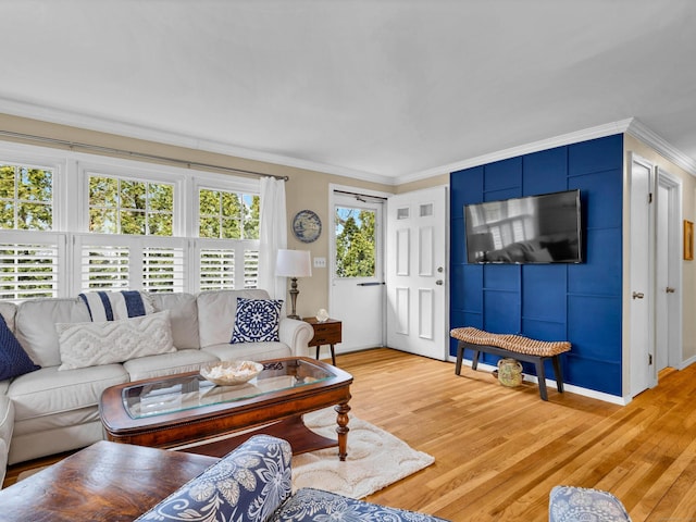 living room featuring baseboards, light wood-style floors, and ornamental molding