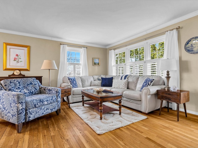 living room with hardwood / wood-style floors, baseboards, and ornamental molding