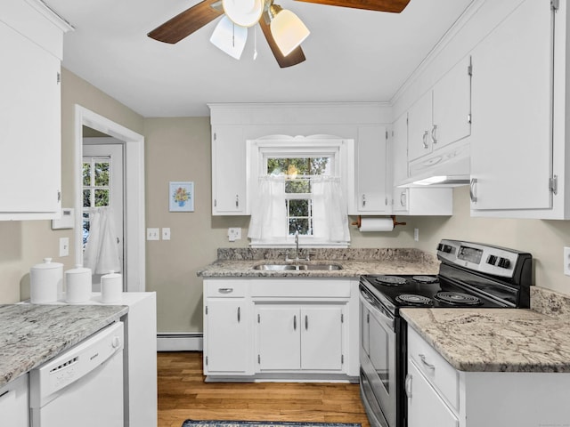 kitchen with electric stove, under cabinet range hood, a sink, light wood finished floors, and dishwasher