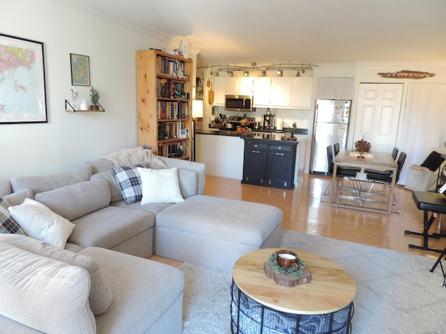 living room featuring ornamental molding, rail lighting, and hardwood / wood-style floors