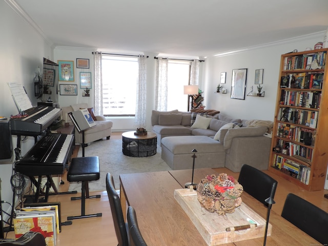 living room with ornamental molding