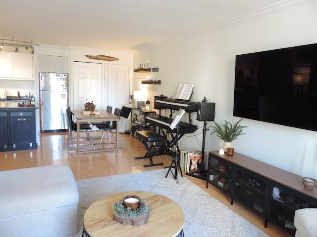 living room with crown molding and light hardwood / wood-style floors