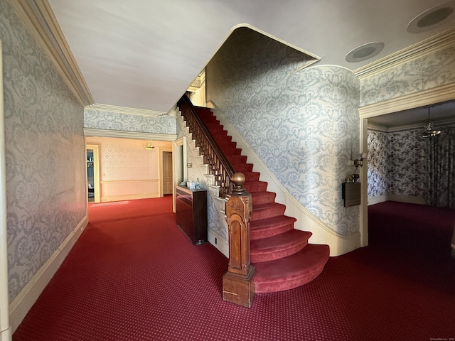 55 Walnut St, Winchester, CT 06098 - stairs featuring ornamental molding and carpet flooring