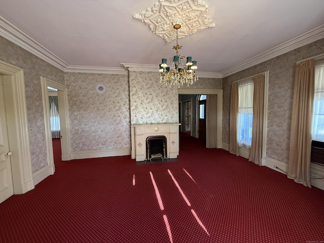 55 Walnut St, Winchester, CT 06098 - unfurnished living room with dark colored carpet, ornamental molding, and a notable chandelier