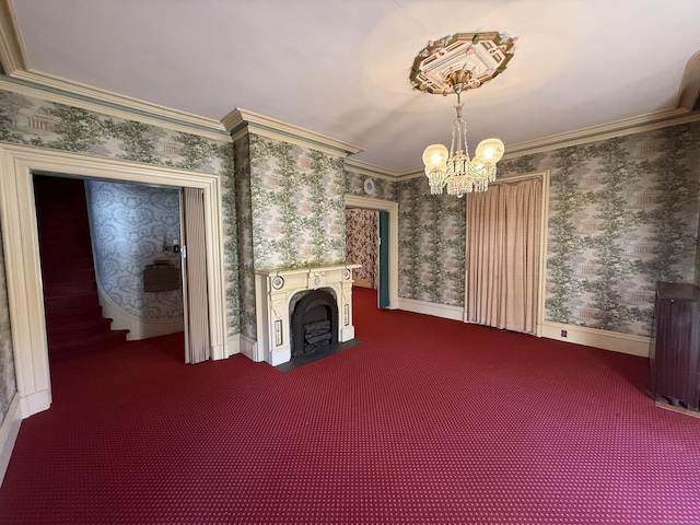 55 Walnut St, Winchester, CT 06098 - unfurnished living room featuring an inviting chandelier, radiator, crown molding, and carpet