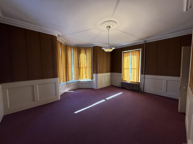 55 Walnut St, Winchester, CT 06098 - unfurnished room with ornamental molding, a wealth of natural light, radiator heating unit, and dark carpet