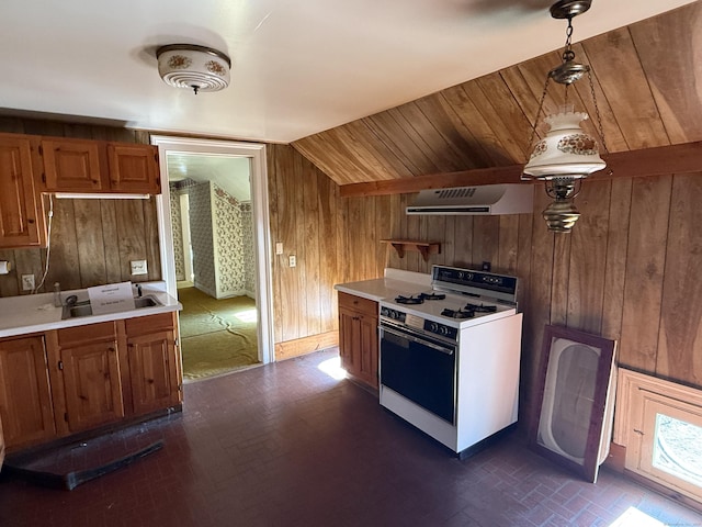 55 Walnut St, Winchester, CT 06098 - kitchen with sink, wood ceiling, wooden walls, extractor fan, and white gas range