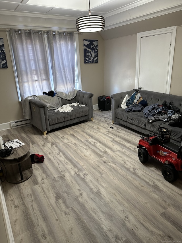 living room featuring hardwood / wood-style floors, a baseboard radiator, and ornamental molding