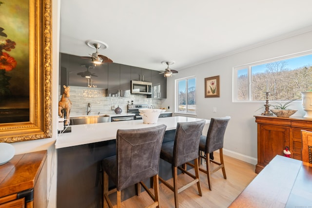 kitchen with sink, appliances with stainless steel finishes, backsplash, a kitchen bar, and light wood-type flooring