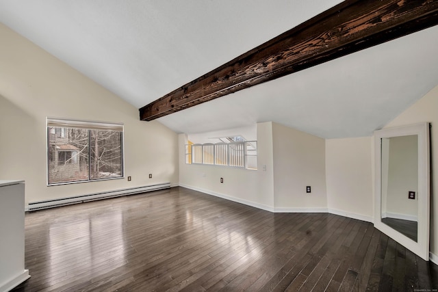 unfurnished living room featuring dark wood-style flooring, vaulted ceiling with beams, a wealth of natural light, and baseboard heating