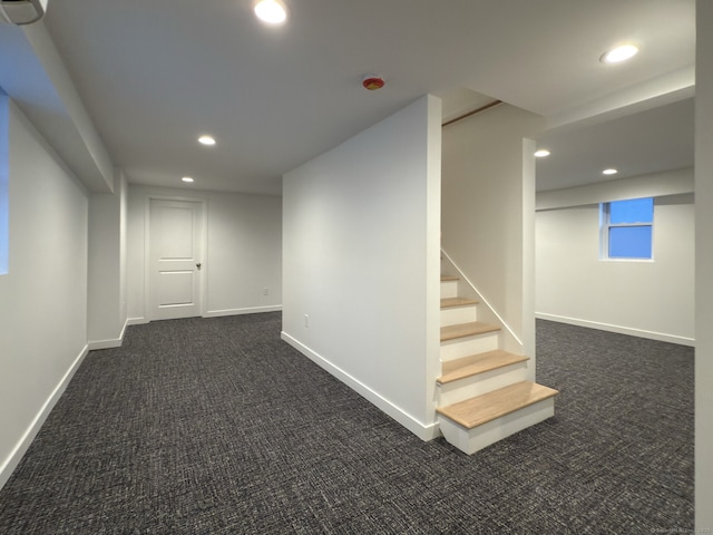 basement with dark carpet