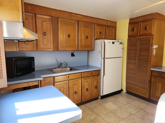 kitchen featuring sink, exhaust hood, and white refrigerator