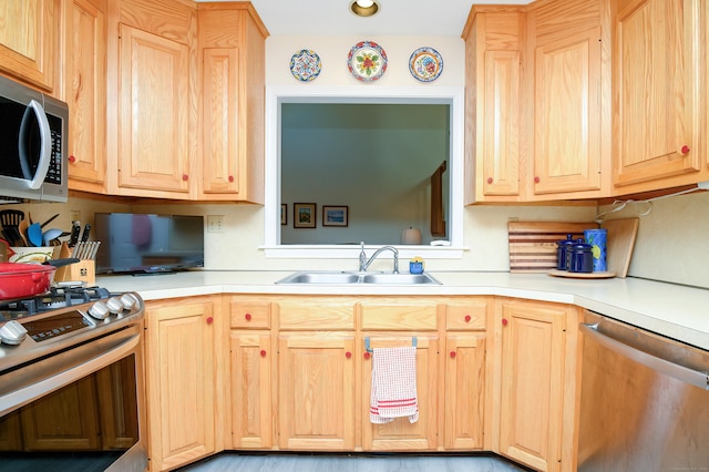 kitchen with sink, stainless steel appliances, and light brown cabinets