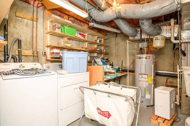 interior space with electric water heater and washer and clothes dryer