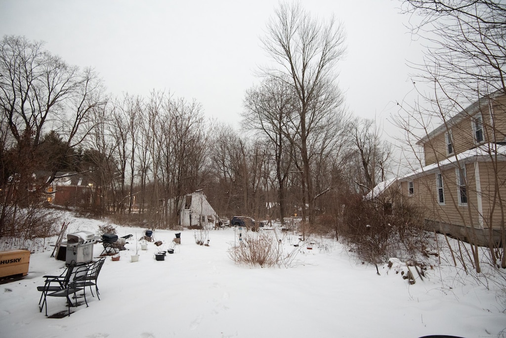 view of yard layered in snow