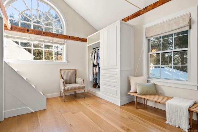 living area featuring lofted ceiling and light wood-type flooring