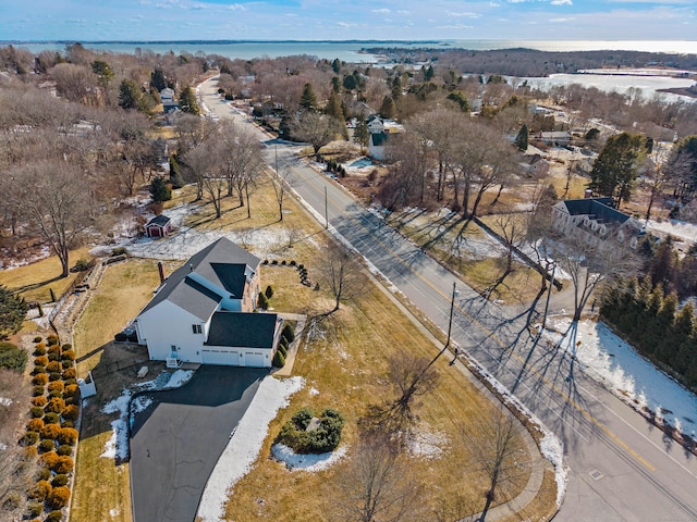 drone / aerial view featuring a water view