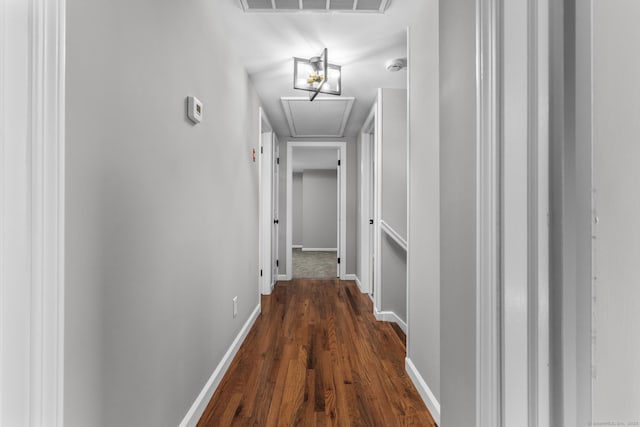 hallway with baseboards, wood finished floors, visible vents, and attic access