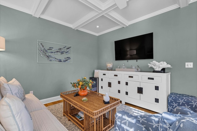 living room featuring coffered ceiling, dark wood-type flooring, ornamental molding, and beamed ceiling