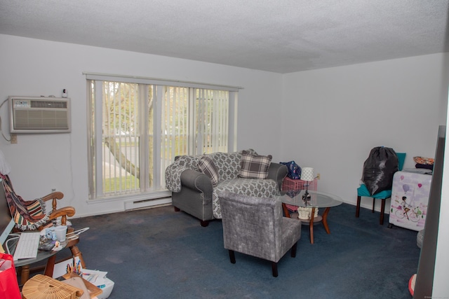 carpeted living room featuring a textured ceiling, a wall mounted AC, and baseboard heating