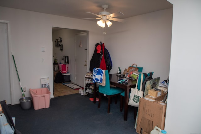 playroom with carpet flooring and ceiling fan