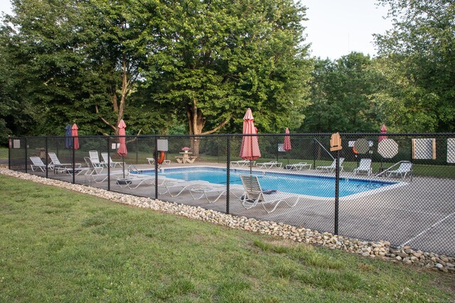 view of swimming pool with a yard and a patio