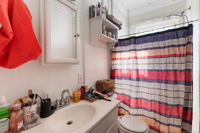 bathroom featuring vanity, toilet, and a shower with shower curtain