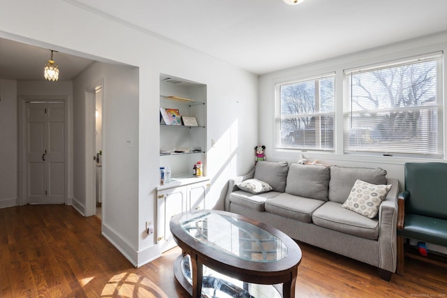 living room featuring dark wood-type flooring