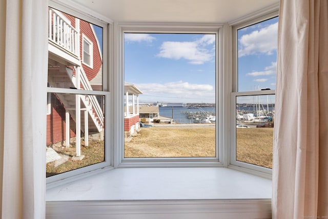 interior space with a water view