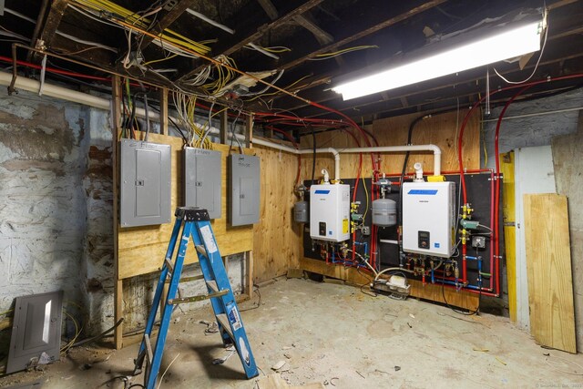 utility room featuring electric panel and water heater