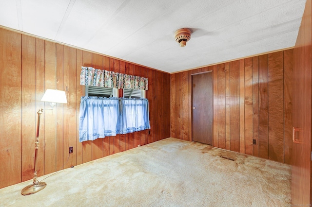 carpeted empty room featuring wood walls