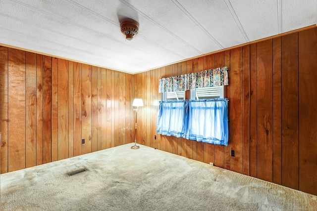 carpeted spare room with a textured ceiling and wood walls