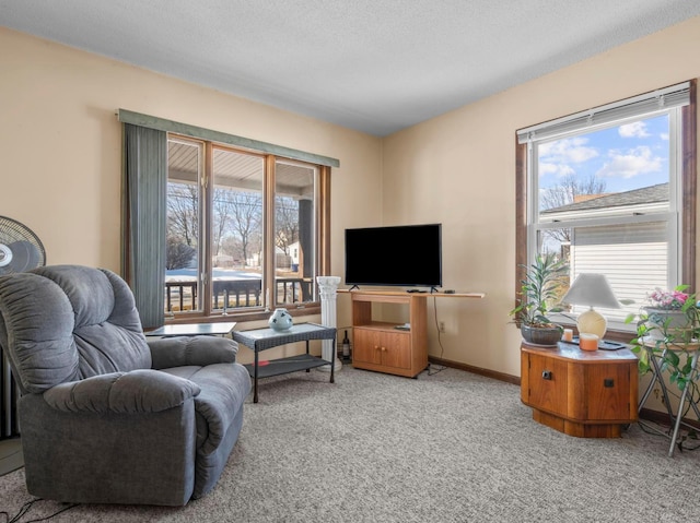 living area with carpet floors, a healthy amount of sunlight, baseboards, and a textured ceiling