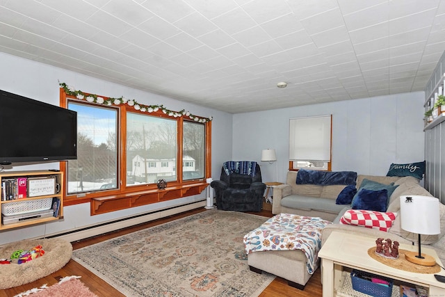 living room featuring a baseboard radiator and light hardwood / wood-style floors