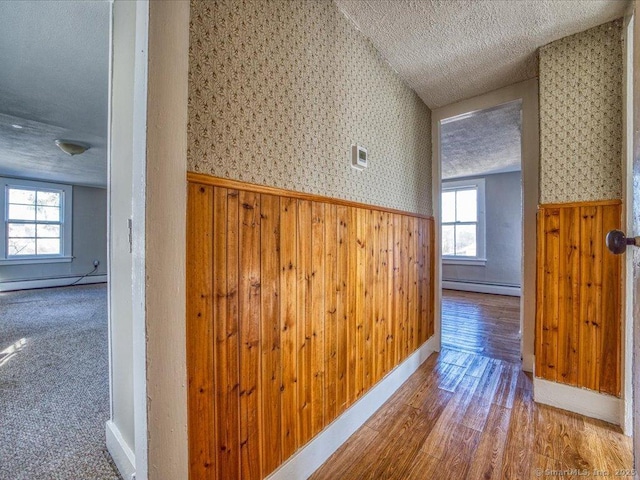 hall featuring a baseboard radiator, a textured ceiling, and plenty of natural light