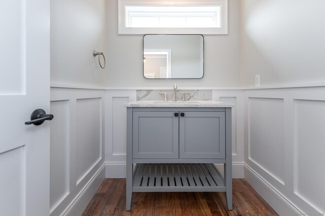 bathroom featuring a wainscoted wall, wood finished floors, vanity, and a decorative wall